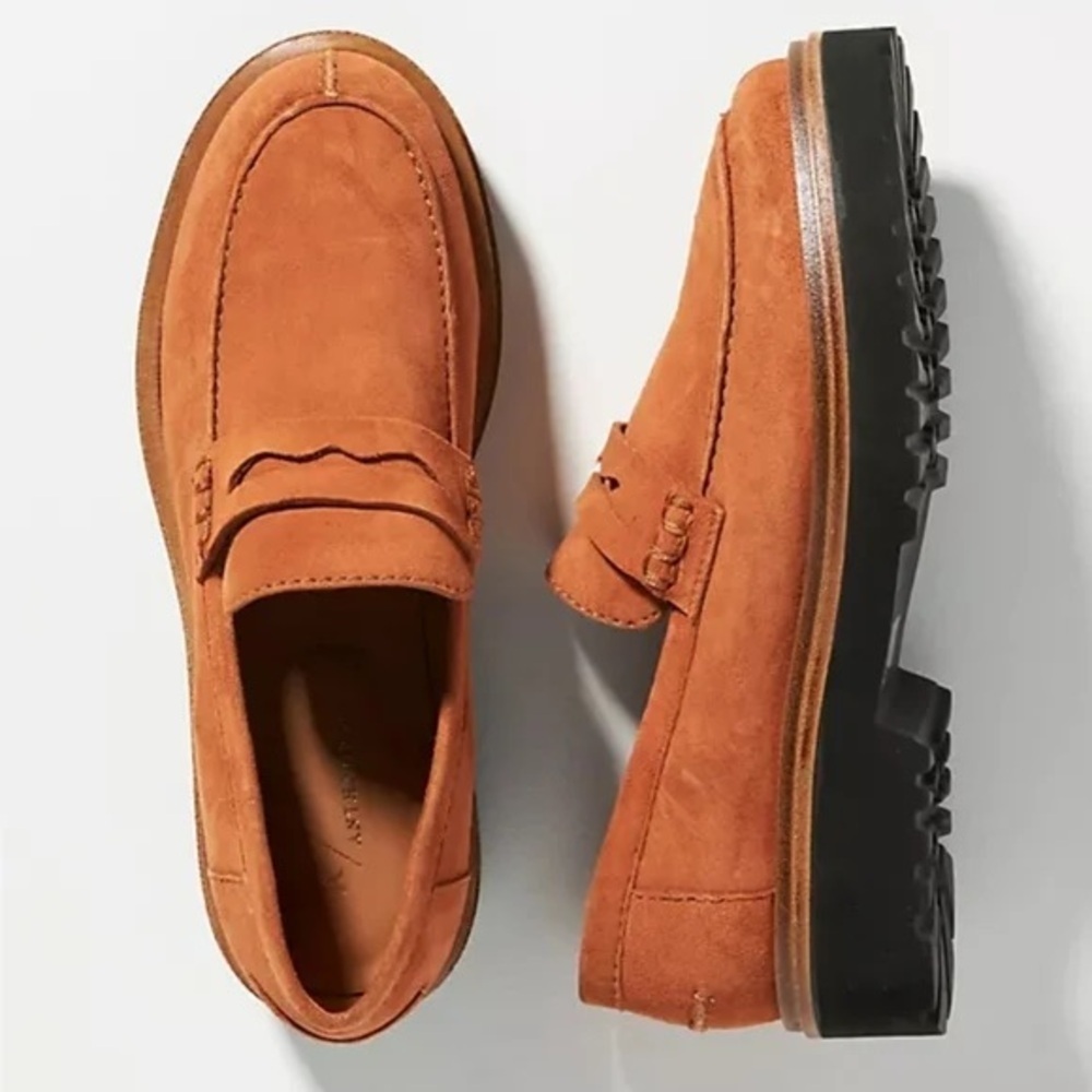 Anthropologie Suede Penny Loafers in Burnt Orange